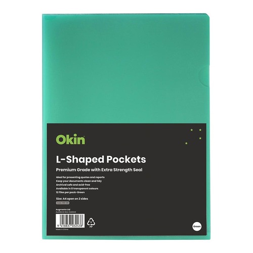 Okin L Shaped Pockets A4 Green, Pack of 12