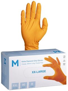 Nitrile Diamond Grip Gloves Powder Free - Orange, 2XL, 240mm Cuff, 9.0g  - Matthews