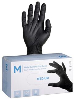 Nitrile Diamond Grip Gloves Powder Free - Black, M, 240mm Cuff, 9.0g  - Matthews