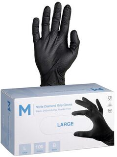 Nitrile Diamond Grip Gloves Powder Free - Black, L, 240mm Cuff, 9.0g  - Matthews