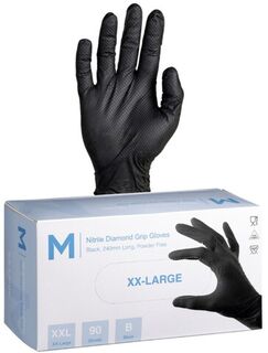 Nitrile Diamond Grip Gloves Powder Free - Black, 2XL, 240mm Cuff, 9.0g  - Matthews