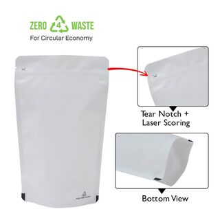 Stand up Pouch 250g Recyclable Matt White w Zip no Valve 160w x 230h x (45 + 45)g