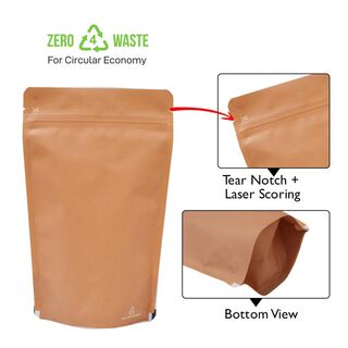 Stand up Pouch 150g Recyclable Brown Kraft Look w Zip no Valve 130w x 210h x (40 + 40)g